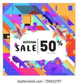 Autumn sale memphis style web banner. Fashion and travel discount poster. Vector holiday Abstract colorful illustration with special offer and promotion.