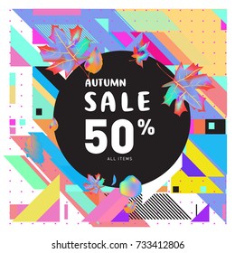 Autumn sale memphis style web banner. Fashion and travel discount poster. Vector holiday Abstract colorful illustration with special offer and promotion.