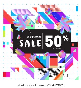 Autumn sale memphis style web banner. Fashion and travel discount poster. Vector holiday Abstract colorful illustration with special offer and promotion.