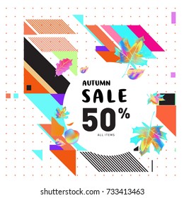 Autumn sale memphis style web banner. Fashion and travel discount poster. Vector holiday Abstract colorful illustration with special offer and promotion.