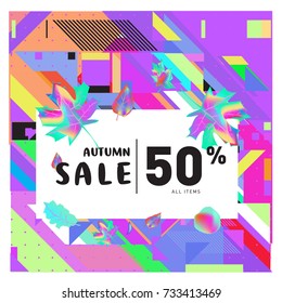 Autumn sale memphis style web banner. Fashion and travel discount poster. Vector holiday Abstract colorful illustration with special offer and promotion.