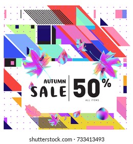 Autumn sale memphis style web banner. Fashion and travel discount poster. Vector holiday Abstract colorful illustration with special offer and promotion.