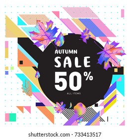 Autumn sale memphis style web banner. Fashion and travel discount poster. Vector holiday Abstract colorful illustration with special offer and promotion.