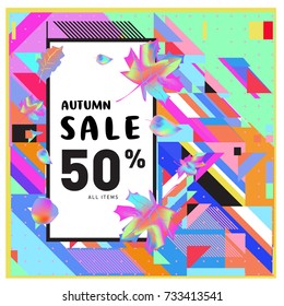 Autumn sale memphis style web banner. Fashion and travel discount poster. Vector holiday Abstract colorful illustration with special offer and promotion.
