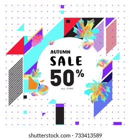 Autumn sale memphis style web banner. Fashion and travel discount poster. Vector holiday Abstract colorful illustration with special offer and promotion.