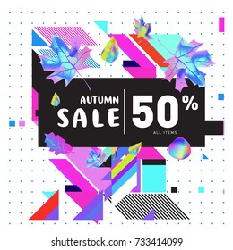 Autumn sale memphis style web banner. Fashion and travel discount poster. Vector holiday Abstract colorful illustration with special offer and promotion.