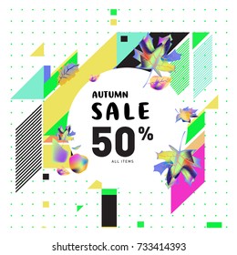 Autumn sale memphis style web banner. Fashion and travel discount poster. Vector holiday Abstract colorful illustration with special offer and promotion.