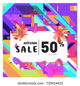 Autumn sale memphis style web banner. Fashion and travel discount poster. Vector holiday Abstract colorful illustration with special offer and promotion.