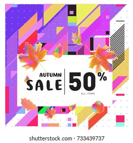 Autumn sale memphis style web banner. Fashion and travel discount poster. Vector holiday Abstract colorful illustration with special offer and promotion.