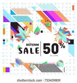 Autumn sale memphis style web banner. Fashion and travel discount poster. Vector holiday Abstract colorful illustration with special offer and promotion.