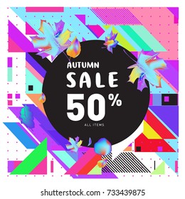 Autumn sale memphis style web banner. Fashion and travel discount poster. Vector holiday Abstract colorful illustration with special offer and promotion.