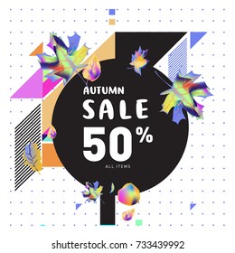 Autumn sale memphis style web banner. Fashion and travel discount poster. Vector holiday Abstract colorful illustration with special offer and promotion.