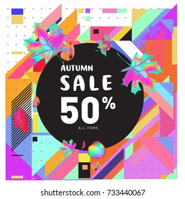 Autumn sale memphis style web banner. Fashion and travel discount poster. Vector holiday Abstract colorful illustration with special offer and promotion.