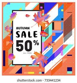 Autumn sale memphis style web banner. Fashion and travel discount poster. Vector holiday Abstract colorful illustration with special offer and promotion.