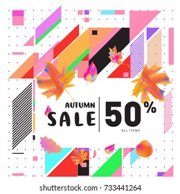 Autumn sale memphis style web banner. Fashion and travel discount poster. Vector holiday Abstract colorful illustration with special offer and promotion.