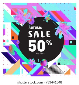 Autumn sale memphis style web banner. Fashion and travel discount poster. Vector holiday Abstract colorful illustration with special offer and promotion.