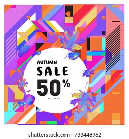 Autumn sale memphis style web banner. Fashion and travel discount poster. Vector holiday Abstract colorful illustration with special offer and promotion.