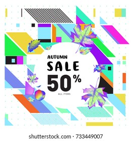 Autumn sale memphis style web banner. Fashion and travel discount poster. Vector holiday Abstract colorful illustration with special offer and promotion.