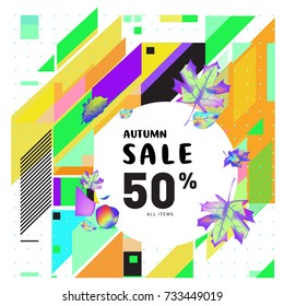 Autumn sale memphis style web banner. Fashion and travel discount poster. Vector holiday Abstract colorful illustration with special offer and promotion.