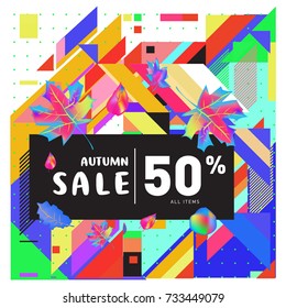 Autumn sale memphis style web banner. Fashion and travel discount poster. Vector holiday Abstract colorful illustration with special offer and promotion.
