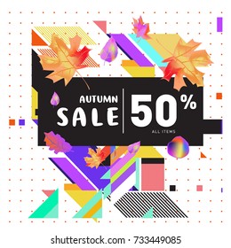 Autumn sale memphis style web banner. Fashion and travel discount poster. Vector holiday Abstract colorful illustration with special offer and promotion.