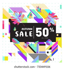 Autumn sale memphis style web banner. Fashion and travel discount poster. Vector holiday Abstract colorful illustration with special offer and promotion.