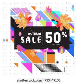 Autumn sale memphis style web banner. Fashion and travel discount poster. Vector holiday Abstract colorful illustration with special offer and promotion.