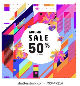 Autumn sale memphis style web banner. Fashion and travel discount poster. Vector holiday Abstract colorful illustration with special offer and promotion.