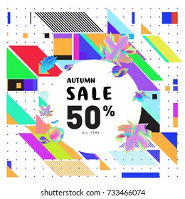 Autumn sale memphis style web banner. Fashion and travel discount poster. Vector holiday Abstract colorful illustration with special offer and promotion.