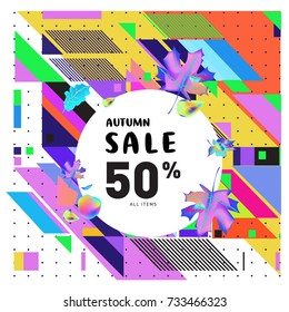 Autumn sale memphis style web banner. Fashion and travel discount poster. Vector holiday Abstract colorful illustration with special offer and promotion.
