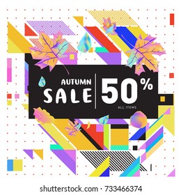 Autumn sale memphis style web banner. Fashion and travel discount poster. Vector holiday Abstract colorful illustration with special offer and promotion.