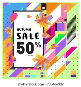 Autumn sale memphis style web banner. Fashion and travel discount poster. Vector holiday Abstract colorful illustration with special offer and promotion.