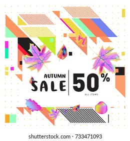 Autumn sale memphis style web banner. Fashion and travel discount poster. Vector holiday Abstract colorful illustration with special offer and promotion.