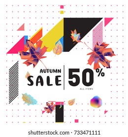 Autumn sale memphis style web banner. Fashion and travel discount poster. Vector holiday Abstract colorful illustration with special offer and promotion.