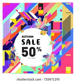 Autumn sale memphis style web banner. Fashion and travel discount poster. Vector holiday Abstract colorful illustration with special offer and promotion.