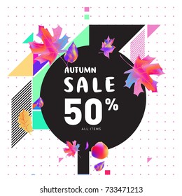 Autumn sale memphis style web banner. Fashion and travel discount poster. Vector holiday Abstract colorful illustration with special offer and promotion.