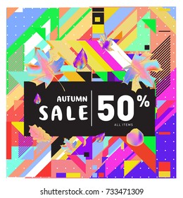 Autumn sale memphis style web banner. Fashion and travel discount poster. Vector holiday Abstract colorful illustration with special offer and promotion.