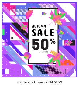 Autumn sale memphis style web banner. Fashion and travel discount poster. Vector holiday Abstract colorful illustration with special offer and promotion.