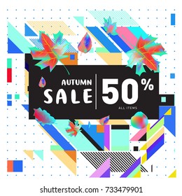 Autumn sale memphis style web banner. Fashion and travel discount poster. Vector holiday Abstract colorful illustration with special offer and promotion.