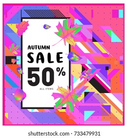 Autumn sale memphis style web banner. Fashion and travel discount poster. Vector holiday Abstract colorful illustration with special offer and promotion.