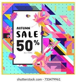 Autumn sale memphis style web banner. Fashion and travel discount poster. Vector holiday Abstract colorful illustration with special offer and promotion.