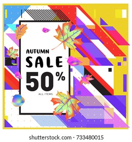 Autumn sale memphis style web banner. Fashion and travel discount poster. Vector holiday Abstract colorful illustration with special offer and promotion.