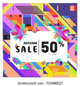 Autumn sale memphis style web banner. Fashion and travel discount poster. Vector holiday Abstract colorful illustration with special offer and promotion.
