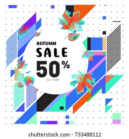 Autumn sale memphis style web banner. Fashion and travel discount poster. Vector holiday Abstract colorful illustration with special offer and promotion.