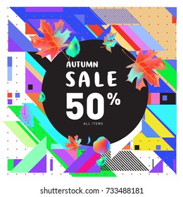 Autumn sale memphis style web banner. Fashion and travel discount poster. Vector holiday Abstract colorful illustration with special offer and promotion.