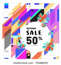 Autumn sale memphis style web banner. Fashion and travel discount poster. Vector holiday Abstract colorful illustration with special offer and promotion.