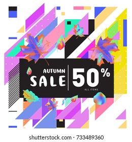 Autumn sale memphis style web banner. Fashion and travel discount poster. Vector holiday Abstract colorful illustration with special offer and promotion.