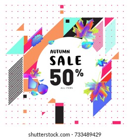 Autumn sale memphis style web banner. Fashion and travel discount poster. Vector holiday Abstract colorful illustration with special offer and promotion.