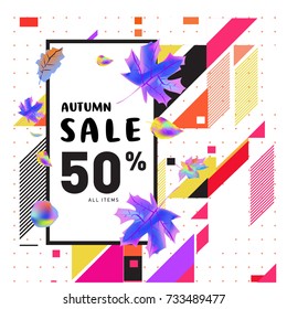Autumn sale memphis style web banner. Fashion and travel discount poster. Vector holiday Abstract colorful illustration with special offer and promotion.