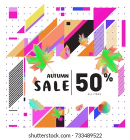 Autumn sale memphis style web banner. Fashion and travel discount poster. Vector holiday Abstract colorful illustration with special offer and promotion.